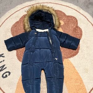 Navy Blue Hooded Snowsuit with Fur Trim